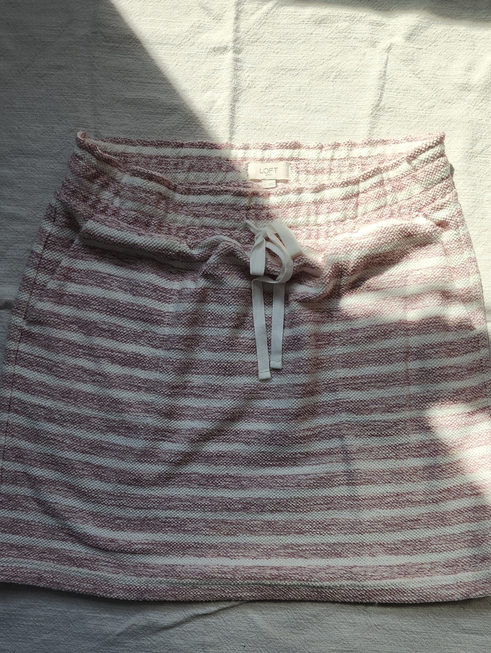LOFT Pink & White Striped Knit Drawstring Mini Skirt
